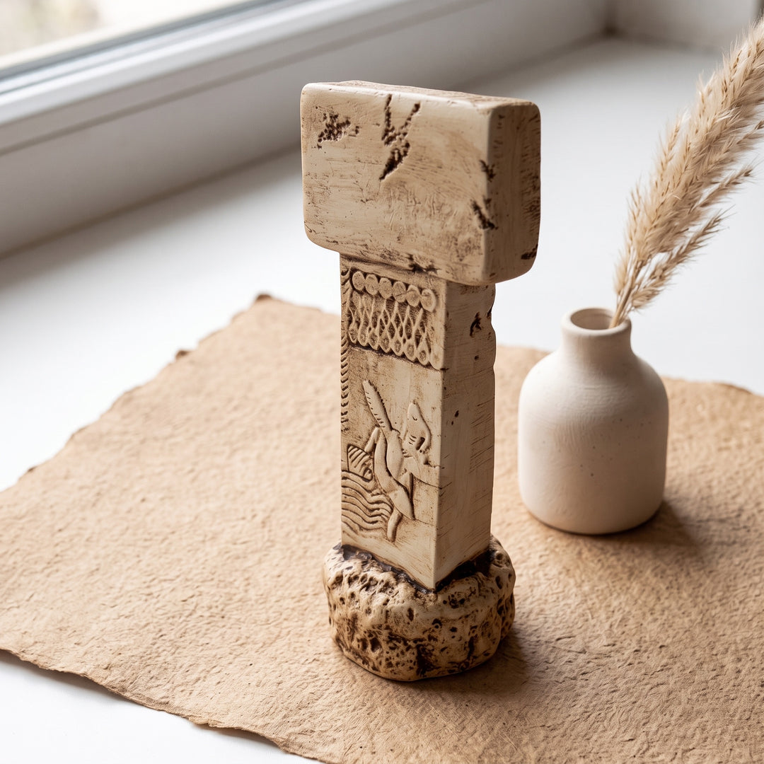 ArkeoArt Göbekli Tepe T Sütunu Replikası, keten dokular, seramik objeler ve sıcak toprak tonlarıyla hazırlanmış bohem tarzı bir yaşam alanında sergileniyor. Şanlıurfa'daki Göbekli Tepe'den ilham alan bu el yapımı Neolitik dikilitaş replikası, dünyanın bilinen en eski tapınağının simgelerinden biridir. Arkeoloji, tarih, Anadolu uygarlıkları ve müze replikalarıyla ilgilenen koleksiyonerler için benzersiz bir eserdir.