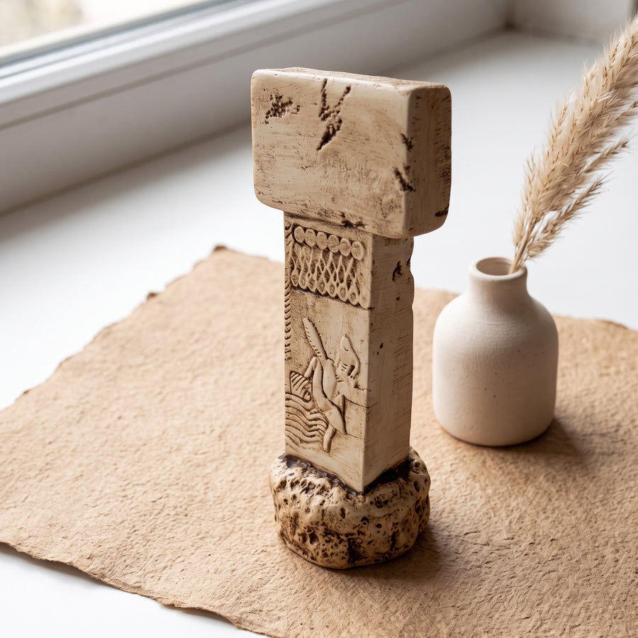 ArkeoArt Göbekli Tepe T Sütunu Replikası, keten dokular, seramik objeler ve sıcak toprak tonlarıyla hazırlanmış bohem tarzı bir yaşam alanında sergileniyor. Şanlıurfa'daki Göbekli Tepe'den ilham alan bu el yapımı Neolitik dikilitaş replikası, dünyanın bilinen en eski tapınağının simgelerinden biridir. Arkeoloji, tarih, Anadolu uygarlıkları ve müze replikalarıyla ilgilenen koleksiyonerler için benzersiz bir eserdir.