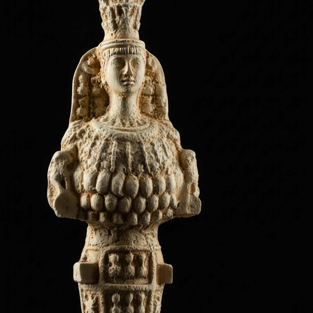 “Close-up of the Artemis of Ephesus figurine on a dark black background — detailed ancient fertility goddess replica emphasizing sacred symbolism and intricate craftsmanship.”
(Türkçe)
“Siyah arka plan üzerinde yakın plan Ephesos Artemis figürü — kutsal sembolizmi ve detaylı el işçiliğini vurgulayan antik bereket tanrıçası replikası.”