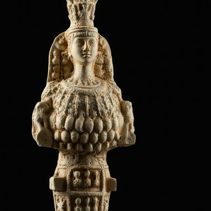 “Close-up of the Artemis of Ephesus figurine on a dark black background — detailed ancient fertility goddess replica emphasizing sacred symbolism and intricate craftsmanship.”
(Türkçe)
“Siyah arka plan üzerinde yakın plan Ephesos Artemis figürü — kutsal sembolizmi ve detaylı el işçiliğini vurgulayan antik bereket tanrıçası replikası.”
