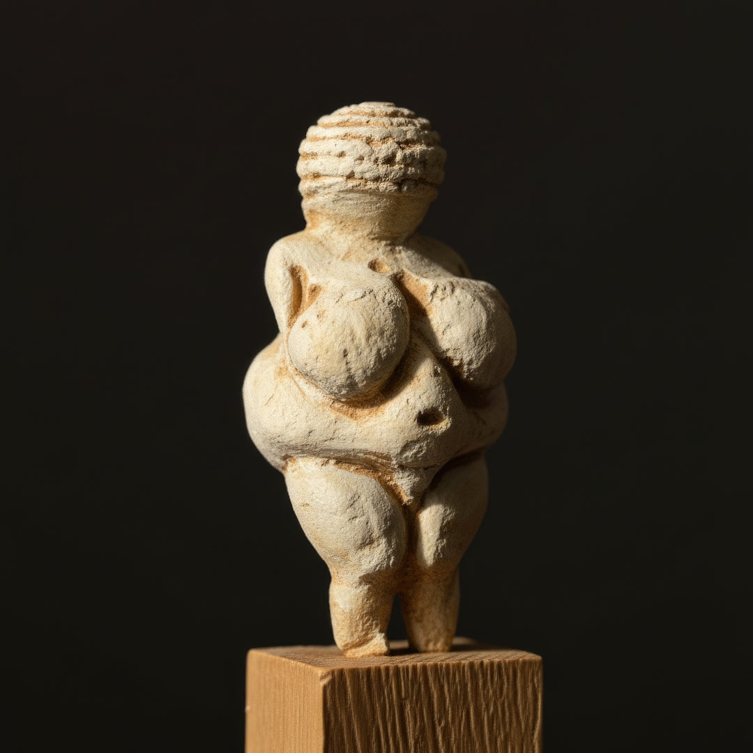 “Macro shot of the Venus of Willendorf figurine under soft directional lighting — capturing texture and form of the iconic Paleolithic fertility idol.”
(Türkçe)
“Yumuşak yönlü ışık altında Willendorf Venüsü’nün yakın plan çekimi — ikonik Paleolitik bereket idolünün doku ve form detaylarını yansıtır.”