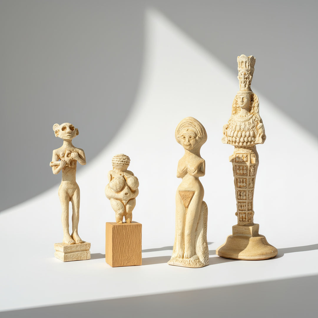 “Front view of the Divine Feminine Goddess Figurine Set — handmade replicas of Artemis of Ephesus, Venus of Willendorf, Horoztepe Mother, and Assyrian Goddess. Perfectly lit, balanced composition highlighting ancient femininity and sacred symbolism by ArkeoArt.”
(Türkçe)
“Ephesos Artemis’i, Willendorf Venüsü’nü, Horoztepe Annesi’ni ve Asur Tanrıçası’nı içeren Dört Tanrıça Seti’nin tam karşıdan çekilmiş ana görseli — dengeli ışıkta, antik kadın gücünü ve kutsal sembolizmi vurgulayan el yapımı replikalar, Ark