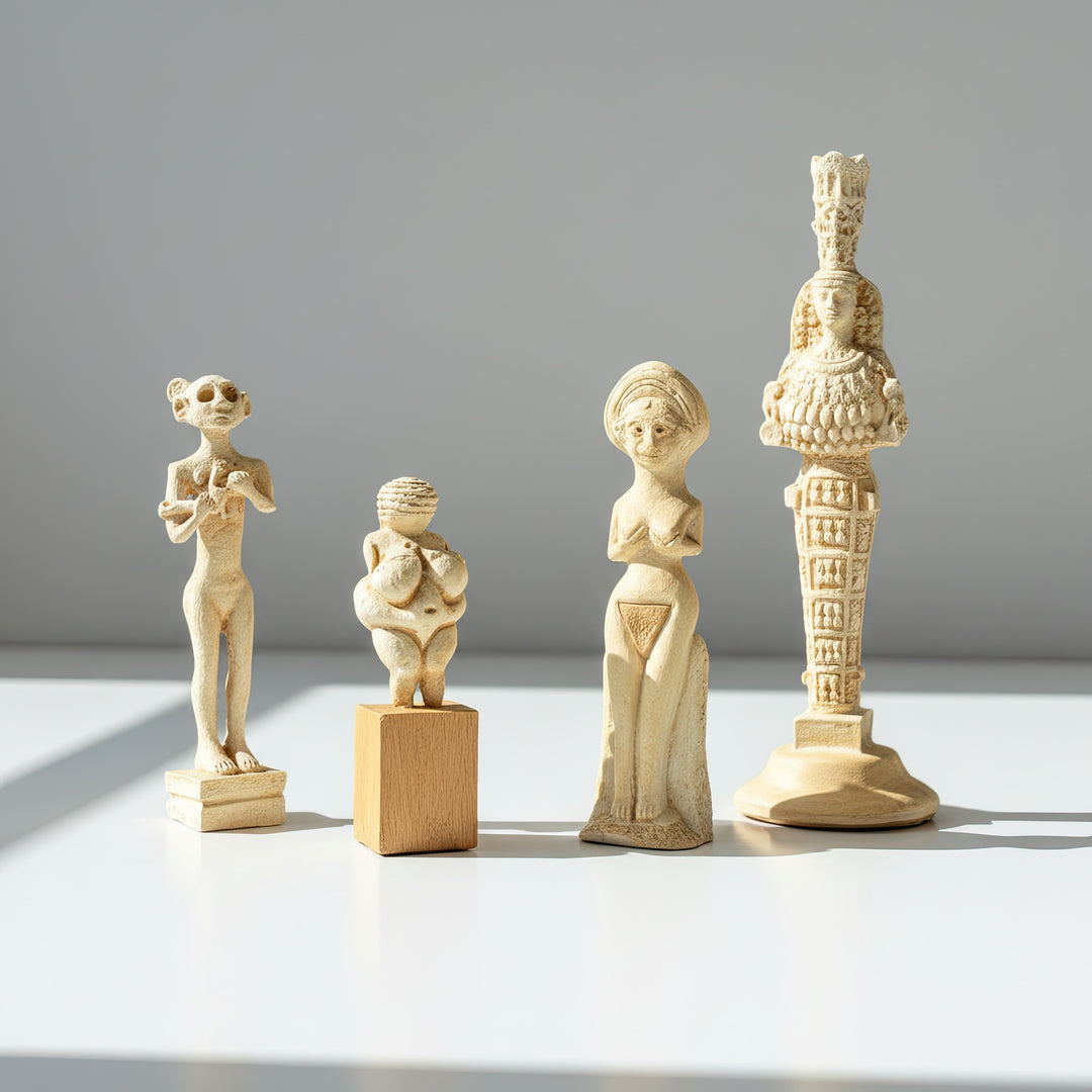 “Four ancient goddess figurines displayed on a polished marble surface — divine feminine art pieces representing fertility, wisdom, and protection. Handmade archaeological replicas by ArkeoArt.”
(Türkçe)
“Parlak mermer zemin üzerinde sergilenen dört antik tanrıça figürü — bereket, bilgelik ve koruma temalarını temsil eden ilahi kadın sanat eserleri. El yapımı arkeolojik replikalar, ArkeoArt üretimi.”