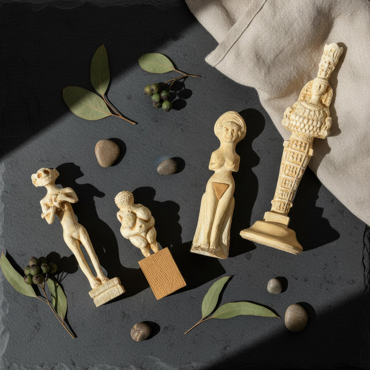 “Top-down flatlay of the four goddess figurines arranged on a textured surface — artistic archaeological layout emphasizing harmony and ancient balance.”
(Türkçe)
“Dokulu zemin üzerinde düzenlenmiş dört tanrıça figürünün yukarıdan çekilmiş kompozisyonu — uyum ve antik dengeyi vurgulayan sanatsal arkeolojik yerleşim.”