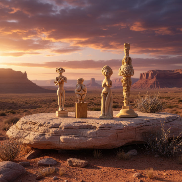 “Divine Feminine Goddess Figurine Set displayed outdoors on a large natural stone under sunlight — earthy archaeological aesthetic blending history and nature.”
(Türkçe)
“Güneş ışığı altında doğal bir kaya üzerinde sergilenen Dört Tanrıça Seti — tarihi ve doğayı birleştiren toprak tonlarında arkeolojik estetik.”