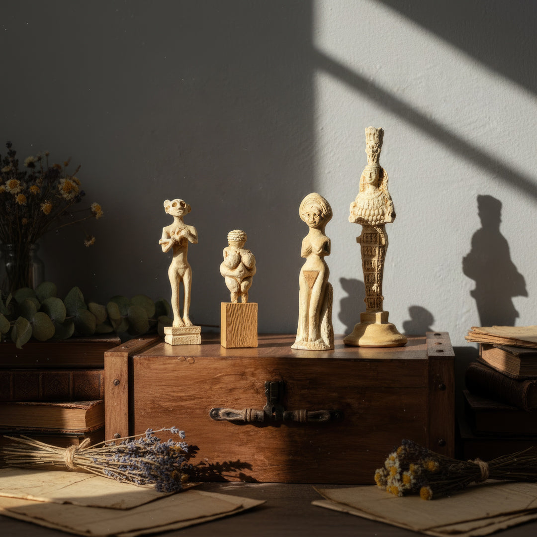 “Full set of four goddess statues placed on a vintage wooden chest in natural light — evokes museum curation and sacred feminine energy.”
(Türkçe)
“Doğal ışık altında ahşap sandık üzerinde sergilenen dört tanrıça heykelinden oluşan tam set — müze sunumu estetiği ve kutsal dişil enerjiyi yansıtır.”