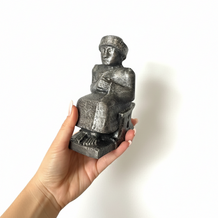 Gudea heykeli replikası elde tutulur boyutta beyaz arka planda sergilenmektedir. Sümer kralı Gudea figüründen ilham alan bu müze kalitesinde Mezopotamya heykeli, detaylı yüzey dokusu ve diorit taş görünümü ile dikkat çeker. Arkeolojik eser replikası olarak koleksiyon, çalışma odası ve kitaplık dekoru için ideal bir seçimdir. Antik Mezopotamya sanatı ve tarih temalı dekor arayanlar için özgün ve anlamlı bir objedir.