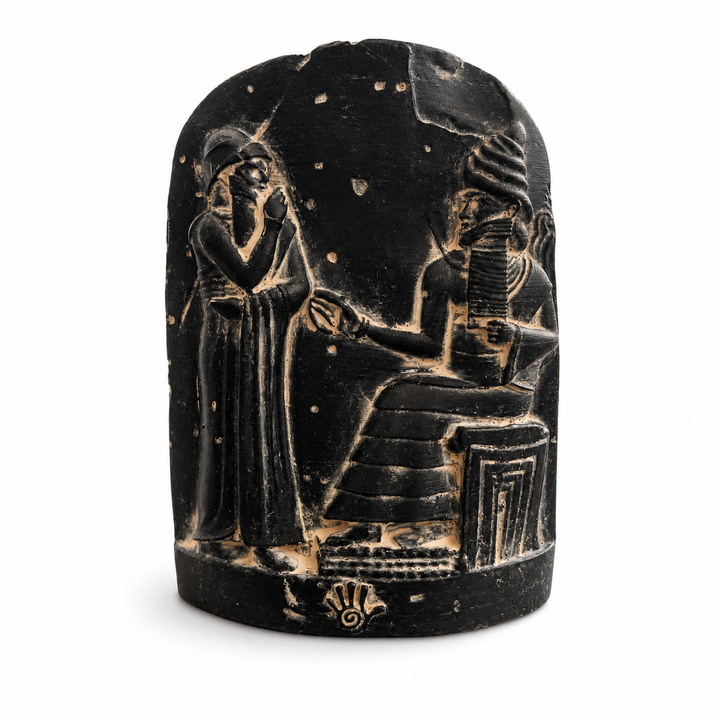 Hammurabi Kanunları Steli rölyef heykelinin beyaz arka planda karşıdan görünümü. Babil Kralı Hammurabi ve güneş tanrısı Şamaş sahnesini içeren museum-style Mezopotamya replikası. Antik hukuk tarihi, dark academia dekorasyonu ve arkeolojik koleksiyon konsepti için tasarlanmış dekoratif sanat objesi by ArkeoArt