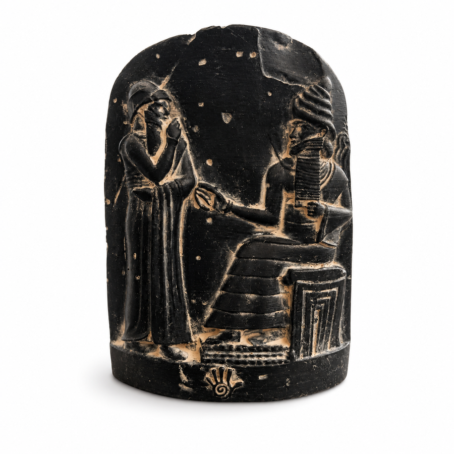 Hammurabi Kanunları Steli rölyef heykelinin beyaz arka planda karşıdan görünümü. Babil Kralı Hammurabi ve güneş tanrısı Şamaş sahnesini içeren museum-style Mezopotamya replikası. Antik hukuk tarihi, dark academia dekorasyonu ve arkeolojik koleksiyon konsepti için tasarlanmış dekoratif sanat objesi by ArkeoArt