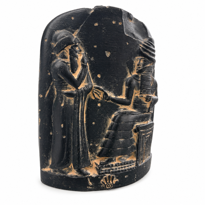 Hammurabi Kanunları Babil rölyef heykelinin beyaz arka planda uzak açıdan görünümü. Antik hukuk sistemi ve Mezopotamya sanatını temsil eden museum-quality arkeolojik replika. Çalışma odası dekorasyonu, koleksiyon rafı ve kültürel yaşam alanları için özel tasarım by ArkeoArt