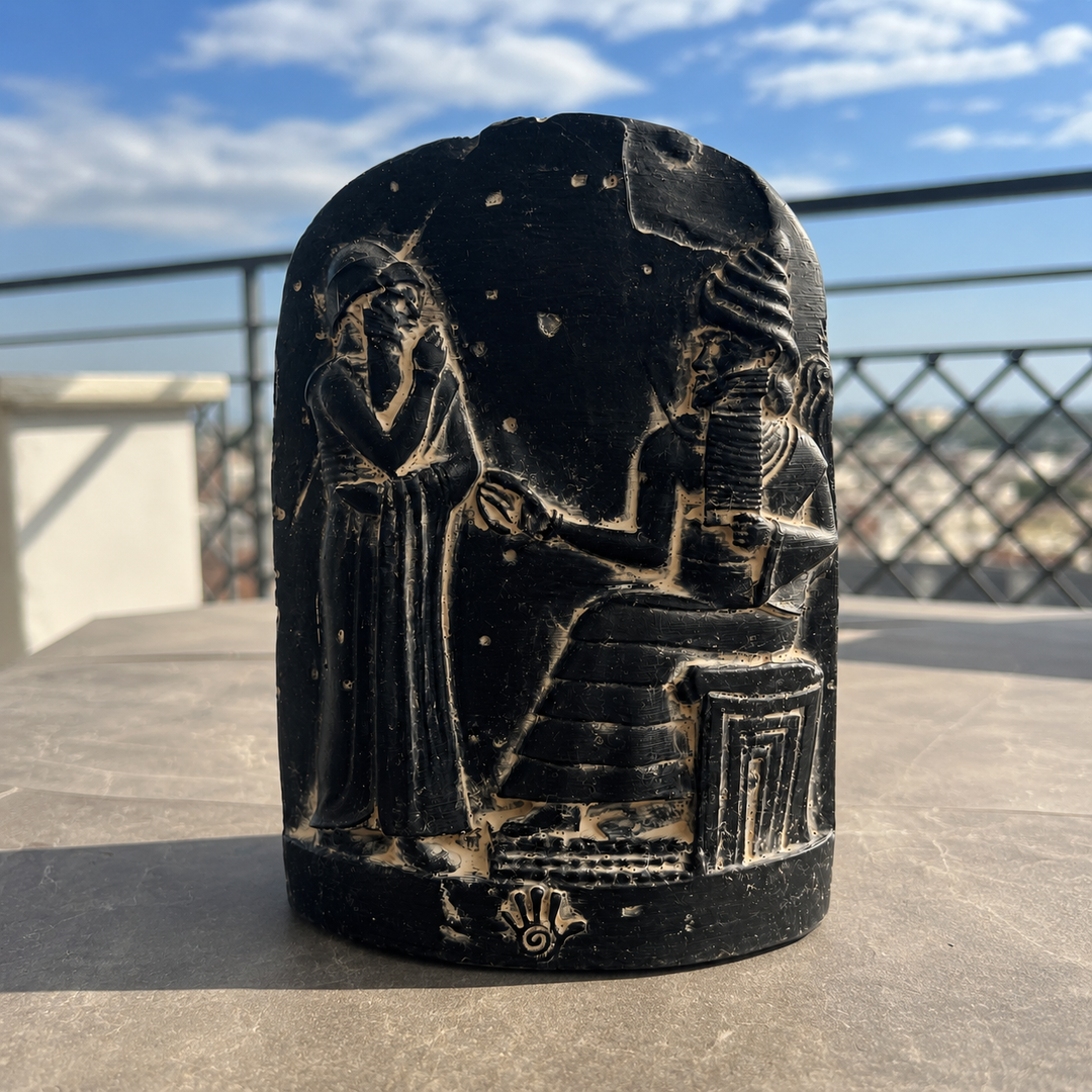 Hammurabi Kanunları Steli rölyefinin balkon masasındaki lifestyle görünümü. Antik Mezopotamya estetiğini modern yaşam alanlarına taşıyan dekoratif Babil replikası. Museum-style arkeolojik sanat objesi; boho, dark academia ve tarih odaklı dekorasyon konseptleri için özel tasarım by ArkeoArt