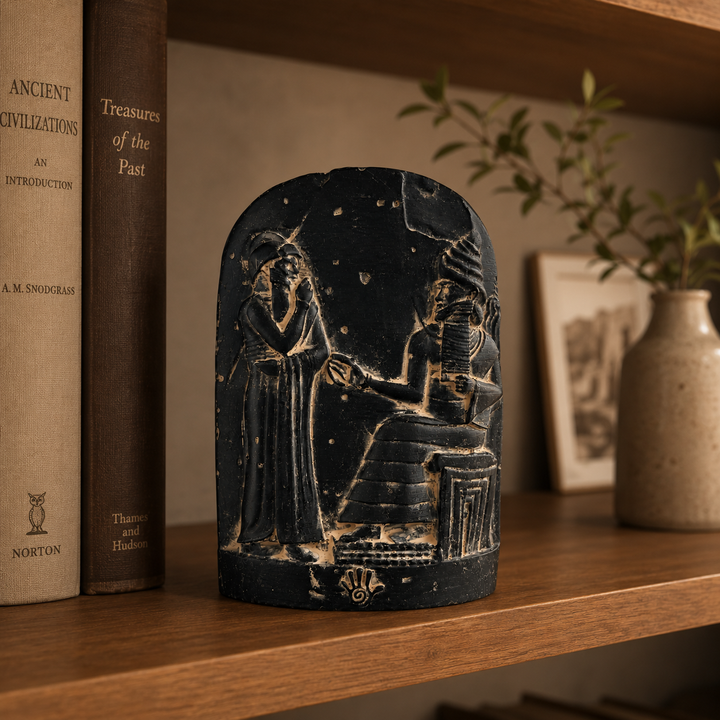 Hammurabi Kanunları rölyef heykelinin dark academia tarzı çalışma odasında sergilendiği lifestyle görünüm. Babil sanatı ve antik Mezopotamya tarihinden ilham alan museum-style dekoratif obje. Kütüphane, tarih temalı iç mekan ve koleksiyon estetiği için güçlü atmosfer oluşturan sanat eseri by ArkeoArt