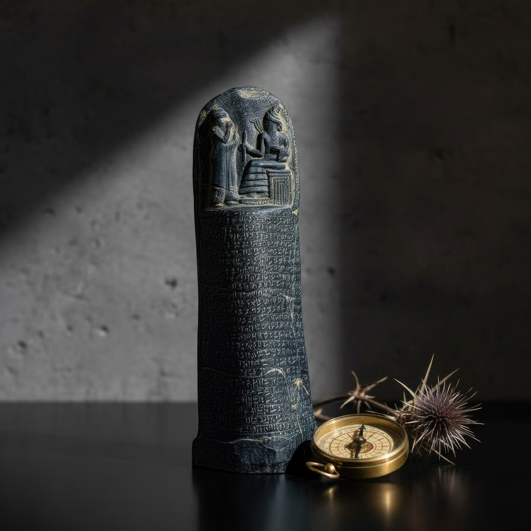 “Hammurabi Code Stele replica styled within a dark-toned archaeological interior, surrounded by stone artifacts and neutral textures — a timeless Babylonian decor piece blending history and aesthetics.”
TR:
“Koyu tonlarda arkeolojik bir iç mekân düzenlemesinde, taş objeler ve nötr dokular arasında sergilenen Hammurabi Kanunları Steli replikası — tarihi ve estetiği harmanlayan zamansız bir Babil dekor objesi.”