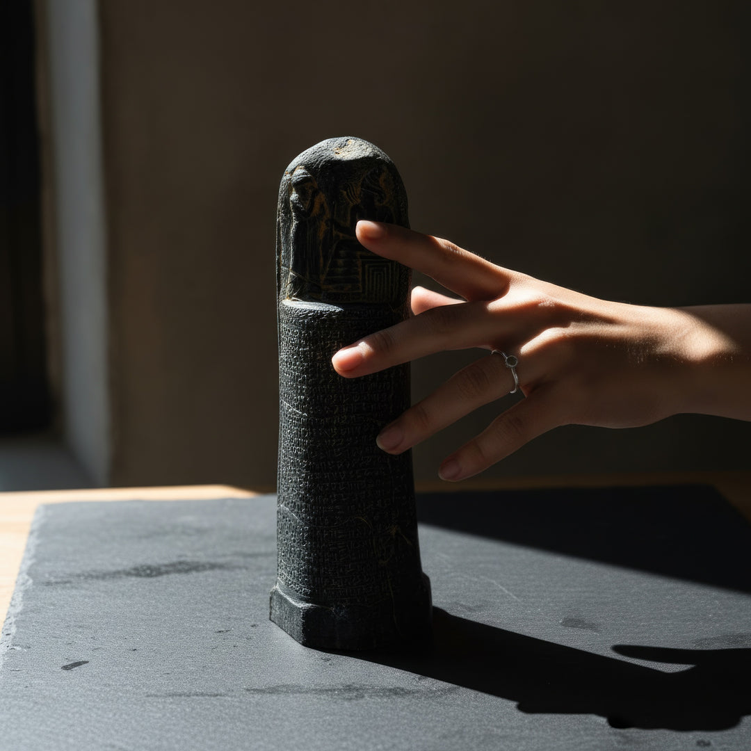 “Hand detail of the Hammurabi Code replica photographed against a dark background with subtle light reflections — emphasizing the depth of cuneiform carvings and the stone texture of the ancient tablet.”
TR:
“Koyu bir arka plan önünde, hafif ışık yansımalarıyla çekilmiş Hammurabi Kanunları replikasının el detayı — çivi yazısı oyma derinliğini ve antik taş tablet dokusunu vurgular.”