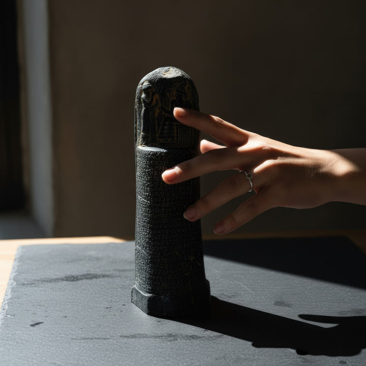“Hand detail of the Hammurabi Code replica photographed against a dark background with subtle light reflections — emphasizing the depth of cuneiform carvings and the stone texture of the ancient tablet.”
TR:
“Koyu bir arka plan önünde, hafif ışık yansımalarıyla çekilmiş Hammurabi Kanunları replikasının el detayı — çivi yazısı oyma derinliğini ve antik taş tablet dokusunu vurgular.”