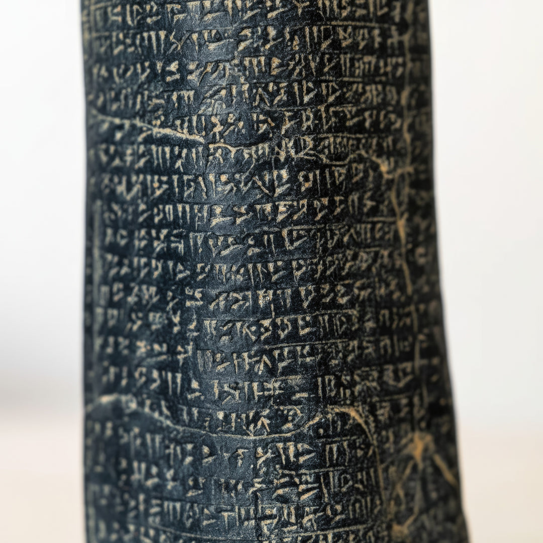 “Macro shot of Babylonian cuneiform inscriptions on the Hammurabi Code Stele replica, highlighting the meticulous engraving and ancient Sumerian script detail. A true museum replica preserving the language of early civilization.”
TR:
“Hammurabi Kanunları Steli replikası üzerindeki Babil çivi yazılarının makro çekimi — özenli oyma detaylarını ve erken uygarlıkların dilini koruyan Sümer yazı karakterlerini vurgular. Gerçek bir müze replikası.”