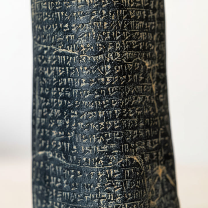 “Macro shot of Babylonian cuneiform inscriptions on the Hammurabi Code Stele replica, highlighting the meticulous engraving and ancient Sumerian script detail. A true museum replica preserving the language of early civilization.”
TR:
“Hammurabi Kanunları Steli replikası üzerindeki Babil çivi yazılarının makro çekimi — özenli oyma detaylarını ve erken uygarlıkların dilini koruyan Sümer yazı karakterlerini vurgular. Gerçek bir müze replikası.”