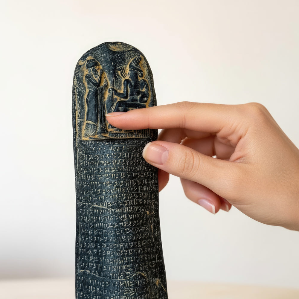 “Hand holding the Hammurabi Code Stele replica to show scale and fine craftsmanship — a Babylonian cuneiform tablet handmade from marble powder resin, reflecting ancient artistry and historical precision.”
TR:
“Hammurabi Kanunları Steli replikasının el ile tutulduğu, boyutu ve ince işçiliği gösteren görsel — mermer tozu reçineden el yapımı Babil çivi yazılı tablet, antik sanatçılığın ve tarihsel hassasiyetin bir yansıması.”