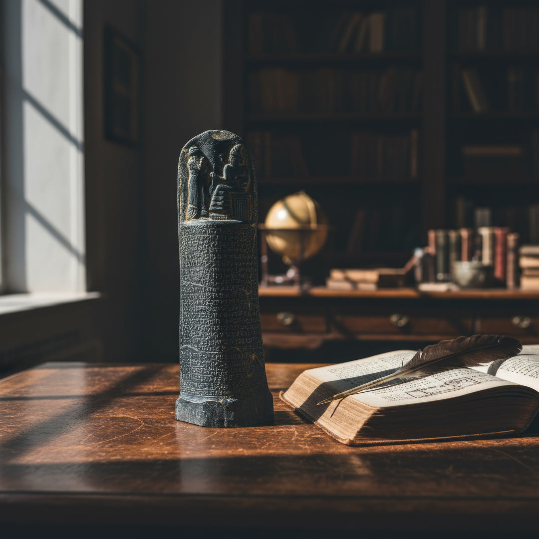 “Hammurabi Code Stele photographed on a black background with artistic lighting — museum-style presentation highlighting the contrast between ancient craftsmanship and modern elegance.”
TR:
“Siyah arka plan üzerinde sanatsal ışıklandırmayla çekilmiş Hammurabi Kanunları Steli — antik el işçiliğiyle modern zarafetin kontrastını vurgulayan müze tarzı bir sunum.”