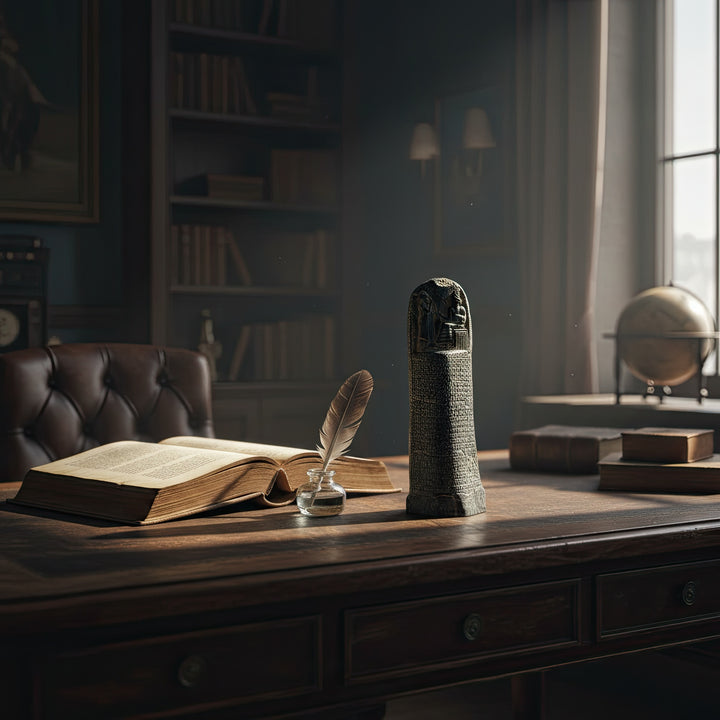 “Hammurabi Code Stele replica displayed on a wooden desk beside a feather quill, antique books, and a classic bookshelf in the background. Handcrafted Babylonian cuneiform tablet art symbolizing the dawn of written law and human civilization — a perfect archaeological decor for scholars and collectors.”

TR:
“Ahşap bir masada, tüy kalem, eski kitaplar ve arka planda klasik bir kitaplıkla birlikte sergilenen Hammurabi Kanunları Steli replikası. Yazılı hukukun ve insan uygarlığının doğuşunu simgeleyen el yapı