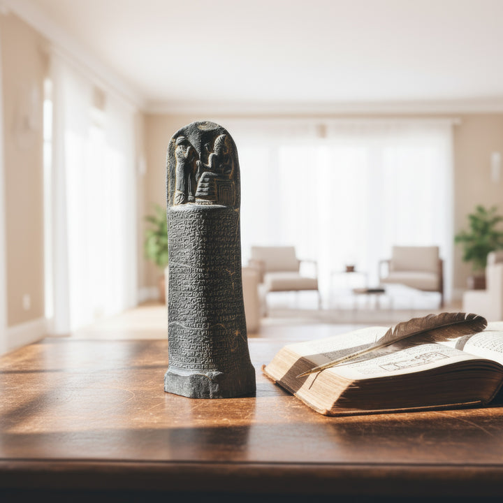 “Hammurabi Code Stele replica displayed on a wooden table beside antique books and candles in a cozy boho-style interior. Handcrafted Babylonian art sculpture that bridges archaeology and modern home decor.”
TR:
“Boho tarzında dekore edilmiş sıcak bir iç mekânda, eski kitaplar ve mumların yanında ahşap masa üzerinde sergilenen Hammurabi Kanunları Steli replikası. Arkeoloji ile modern dekoru birleştiren el yapımı Babil sanat eseri.”