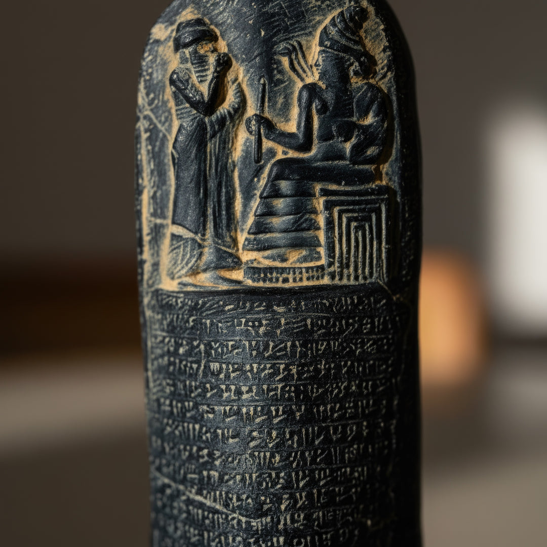 “Close-up of the upper section of the Hammurabi Code Stele replica, featuring the iconic relief of King Hammurabi receiving the laws from Shamash, the sun god — a faithful recreation of Mesopotamian symbolism and divine authority.”
TR:
“Hammurabi Kanunları Steli replikasının üst bölümüne yakın plan — Güneş Tanrısı Şamaş’tan yasaları alan Kral Hammurabi kabartmasını gösteren sahne. Mezopotamya sembolizmini ve ilahi otoriteyi aslına sadık biçimde yansıtan bir canlandırma.”