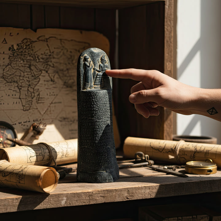 “Hand detail of the Hammurabi Code replica photographed against a dark background with subtle light reflections — emphasizing the depth of cuneiform carvings and the stone texture of the ancient tablet.”
TR:
“Koyu bir arka plan önünde, hafif ışık yansımalarıyla çekilmiş Hammurabi Kanunları replikasının el detayı — çivi yazısı oyma derinliğini ve antik taş tablet dokusunu vurgular.”