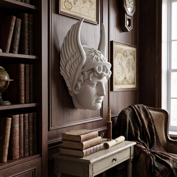 ArkeoArt Hermes Duvar Büstü, Pinterest stilinde tasarlanmış tarih temalı iç mekânda doğal ahşap, seramik objeler ve klasik dekor unsurlarıyla birlikte sergileniyor. Kanatlı Hermes figürünü temsil eden bu müze kalitesindeki duvar heykeli; Antik Yunan mitolojisi, arkeoloji, mitolojik sanat ve koleksiyon dekorasyonu için etkileyici bir merkez parçasıdır.