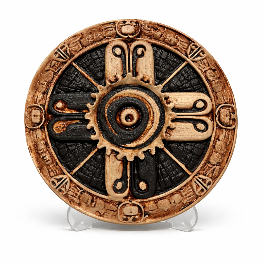 Hunab Ku Kozmik Takvim Rölyefi’nin beyaz arka planda karşıdan görünümü. Maya kutsal geometrisi ve antik Mesoamerika kozmolojisinden ilham alan bu sacred geometry rölyefi; kozmik denge, evrensel enerji ve ancient civilization estetiğini yansıtan koleksiyonluk sanat objesidir by ArkeoArt
