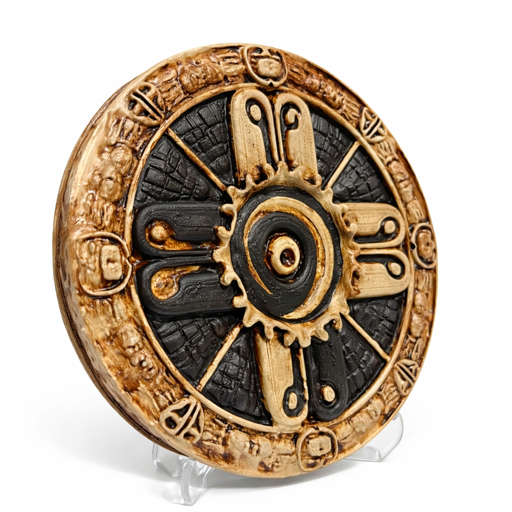 Hunab Ku rölyefinin beyaz arka planda yan profil görünümü. Spiral merkez yapısı, aged stone yüzeyi ve sacred geometry detaylarıyla dikkat çeken bu Maya esinli koleksiyon objesi; mythology decor ve archaeology decor konseptleri için tasarlanmıştır by ArkeoArt
