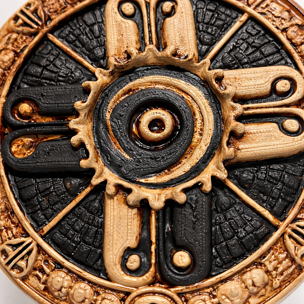 Hunab Ku sembolünün makro detay görünümü. Antik Mesoamerika sanatından ilham alan bu sacred geometry rölyefi; spiral kompozisyonu, kozmik sembolleri ve el işçiliği aged patina yüzeyiyle museum-style koleksiyon atmosferi oluşturur by ArkeoArt
