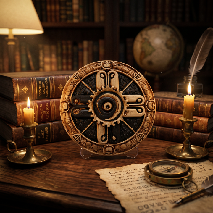 ArkeoArt Hunab Ku Kozmik Takvim Rölyefi, antika kitaplar, tarihi haritalar, pirinç objeler ve koyu ahşap mobilyalarla hazırlanmış dark academia tarzı bir çalışma odasında sergileniyor. Antik Maya kutsal geometrisini temsil eden bu müze kalitesindeki rölyef; Mezoamerika uygarlıkları, Maya mitolojisi, arkeoloji, tarih ve sembolizm koleksiyonları için etkileyici bir sanat eseridir.