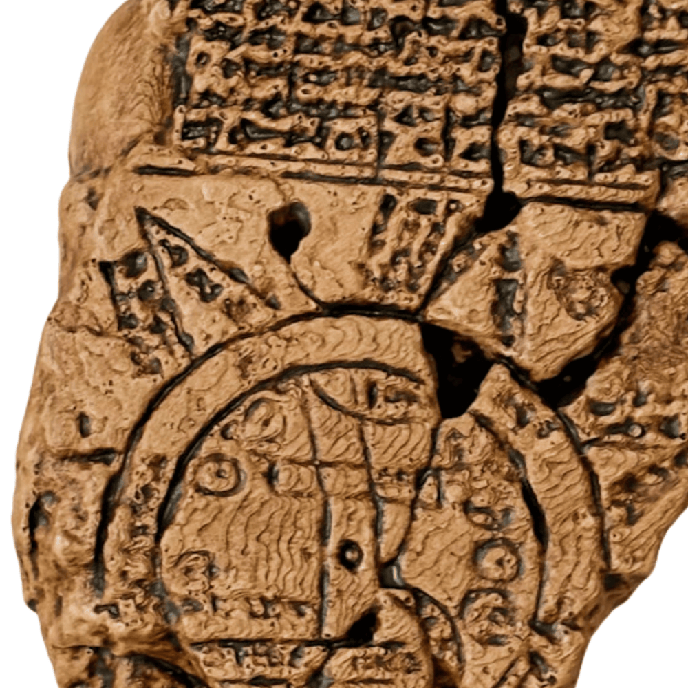 Yakın çekim görüntüde, çivi yazısı gravürleri ve tarihi yaşlandırma efektli yüzey net biçimde görülmektedir. Imago Mundi’nin orijinal dokusu, el işçiliğiyle birebir yansıtılmıştır. Arkeolojik estetiğe sahip koleksiyonluk bir objedir