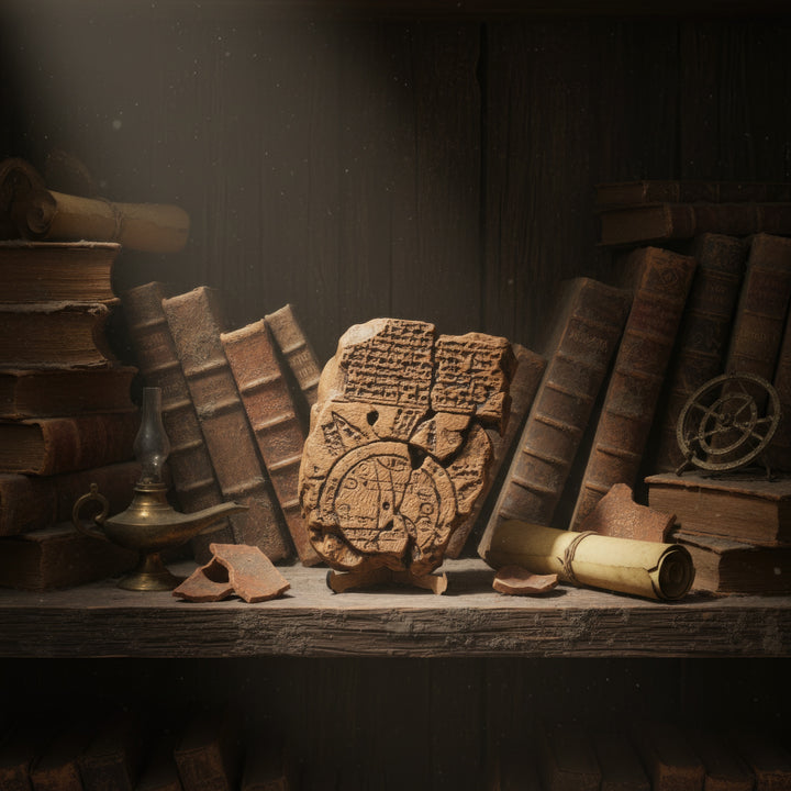 Imago Mundi Babylonian Map displayed on a rustic table with vintage books in the background — a scholarly and archaeological still life scene reflecting ancient knowledge and exploration. Perfect for historians and collectors.