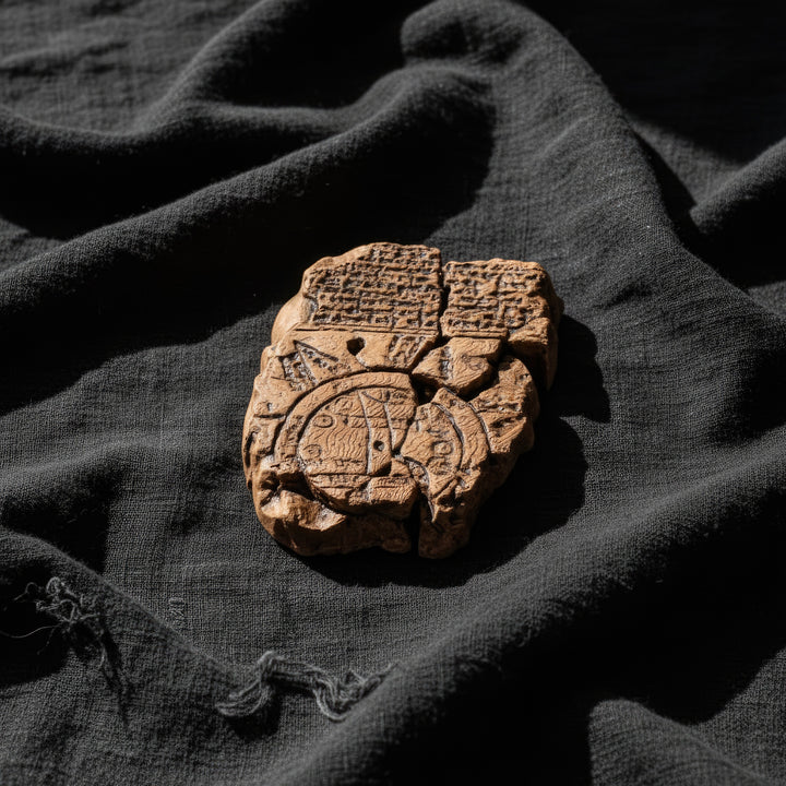 Imago Mundi Babylonian World Map Replica photographed on a black fabric backdrop — dramatic contrast emphasizing relief texture and ancient cuneiform. Museum-quality archaeological art piece by ArkeoArt.
