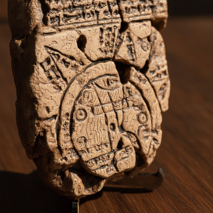 Close-up of the Imago Mundi Babylonian World Map Replica showing cuneiform inscriptions and ancient symbols. The hand-painted relief highlights geographic and cosmological details of the world’s earliest map. Museum-grade craftsmanship by ArkeoArt.