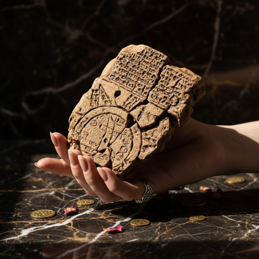 Hand holding the Imago Mundi Babylonian World Map Replica — detailed handmade archaeological artifact showing cuneiform inscriptions. Scale reference photo highlighting fine craftsmanship and ancient symbolism. Perfect historical gift by ArkeoArt.