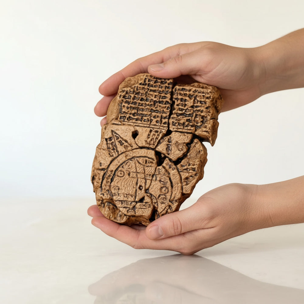Hand holding the Imago Mundi Babylonian World Map — scale reference photo showing handmade craftsmanship and detailed relief. Ideal archaeological gift, combining history, mythology, and art.