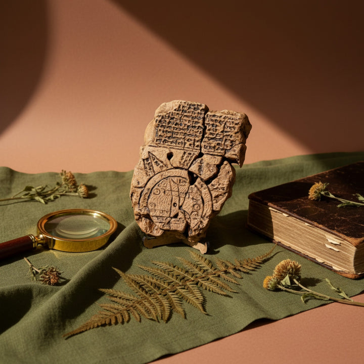 Imago Mundi Map displayed with ancient-style scrolls, terracotta figures, and Mesopotamian tablets — a curated composition evoking archaeological discovery and historical storytelling. Handmade by ArkeoArt.