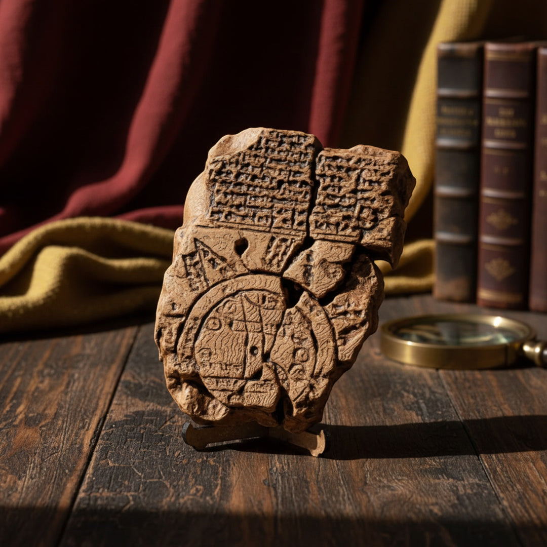 Imago Mundi Babylonian Map displayed on a rustic table with vintage books in the background — a scholarly and archaeological still life scene reflecting ancient knowledge and exploration. Perfect for historians and collectors.