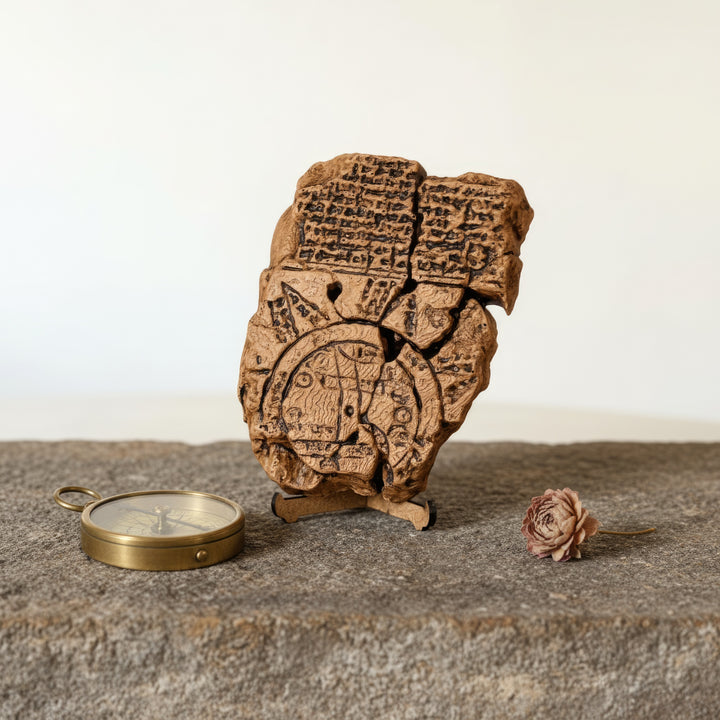Imago Mundi Babylonian Map Replica placed on a stone surface with a vintage compass and dried rose petals — symbolic scene of lost civilizations and timeless beauty. Handmade by ArkeoArt, inspired by ancient exploration.