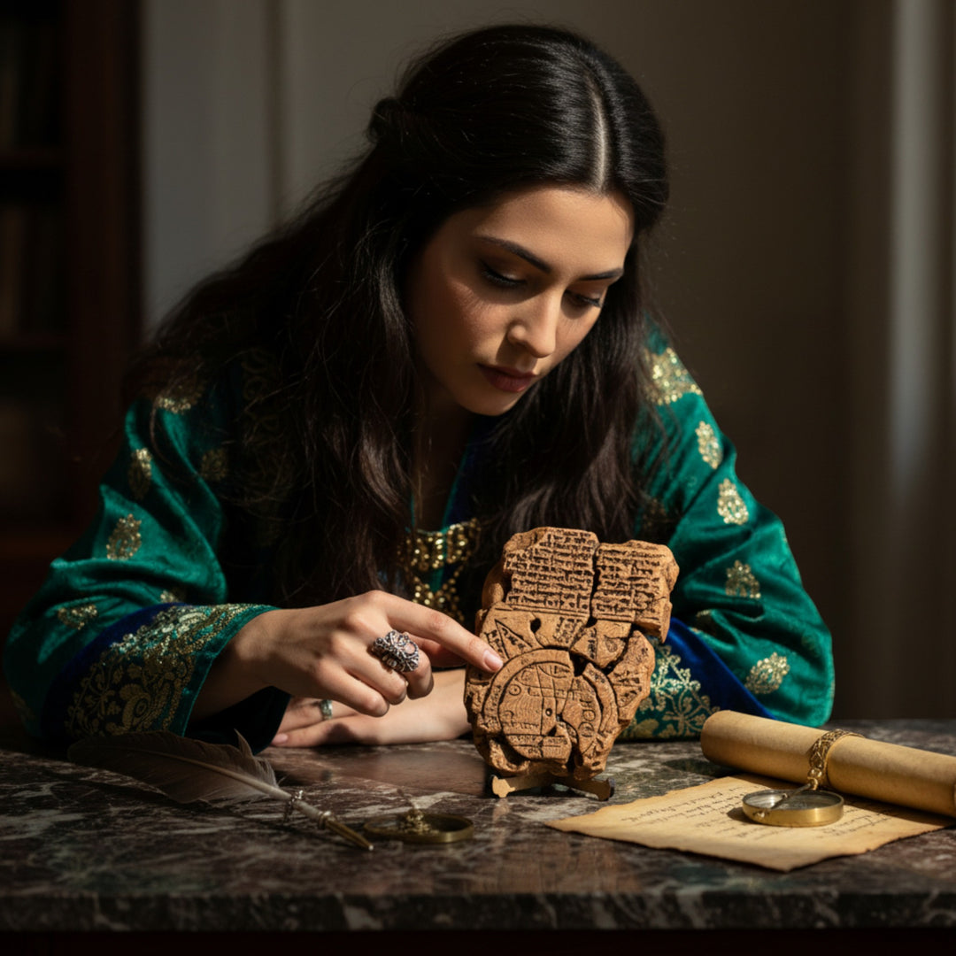 A woman examining the Imago Mundi Babylonian World Map Replica on a wooden table — intimate archaeological moment capturing curiosity and ancient wisdom. Soft daylight highlights hand-painted relief and historic artistry.