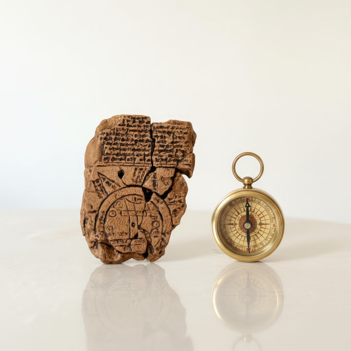 Imago Mundi Map displayed beside a gold antique compass — symbolic representation of early world exploration and cartography. Mesopotamian world map replica crafted by ArkeoArt, blending archaeology and elegance.