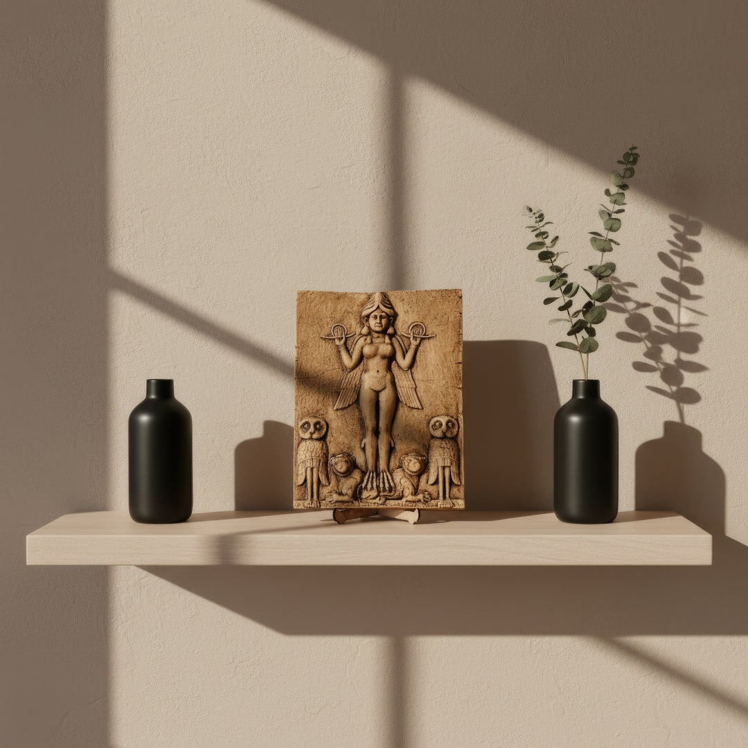 Gecenin Kraliçesi rölyefi kitaplık rafında sergilenen lifestyle fotoğrafı. Burney Relief olarak bilinen Mezopotamya tanrıça kabartmasının replikası, müze tarzı dekorasyon içinde arkeoloji koleksiyon objesi olarak yer almaktadır. ArkeoArt tarafından üretilen Queen of the Night relief sculpture, antik Babil sanatının güçlü ikonografisini temsil eden Mesopotamian goddess relief olarak koleksiyon raflarında dikkat çekici bir sanat eseridir.