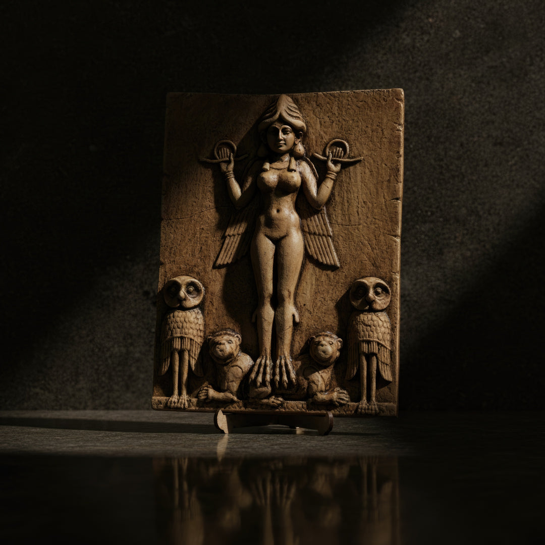 Gecenin Kraliçesi rölyefi dramatik ışık ve gölgelerle çekilmiş sanatsal fotoğraf. Burney Relief’ten ilham alan Mezopotamya tanrıça kabartması, kanatlı figürün güçlü siluetini vurgulayan gölgeli bir atmosferde sergilenmektedir. ArkeoArt Queen of the Night relief replica, Mezopotamya mitolojisinin en ikonik tanrıça figürlerinden birini temsil eden antik Babil temalı arkeolojik sanat eseridir.