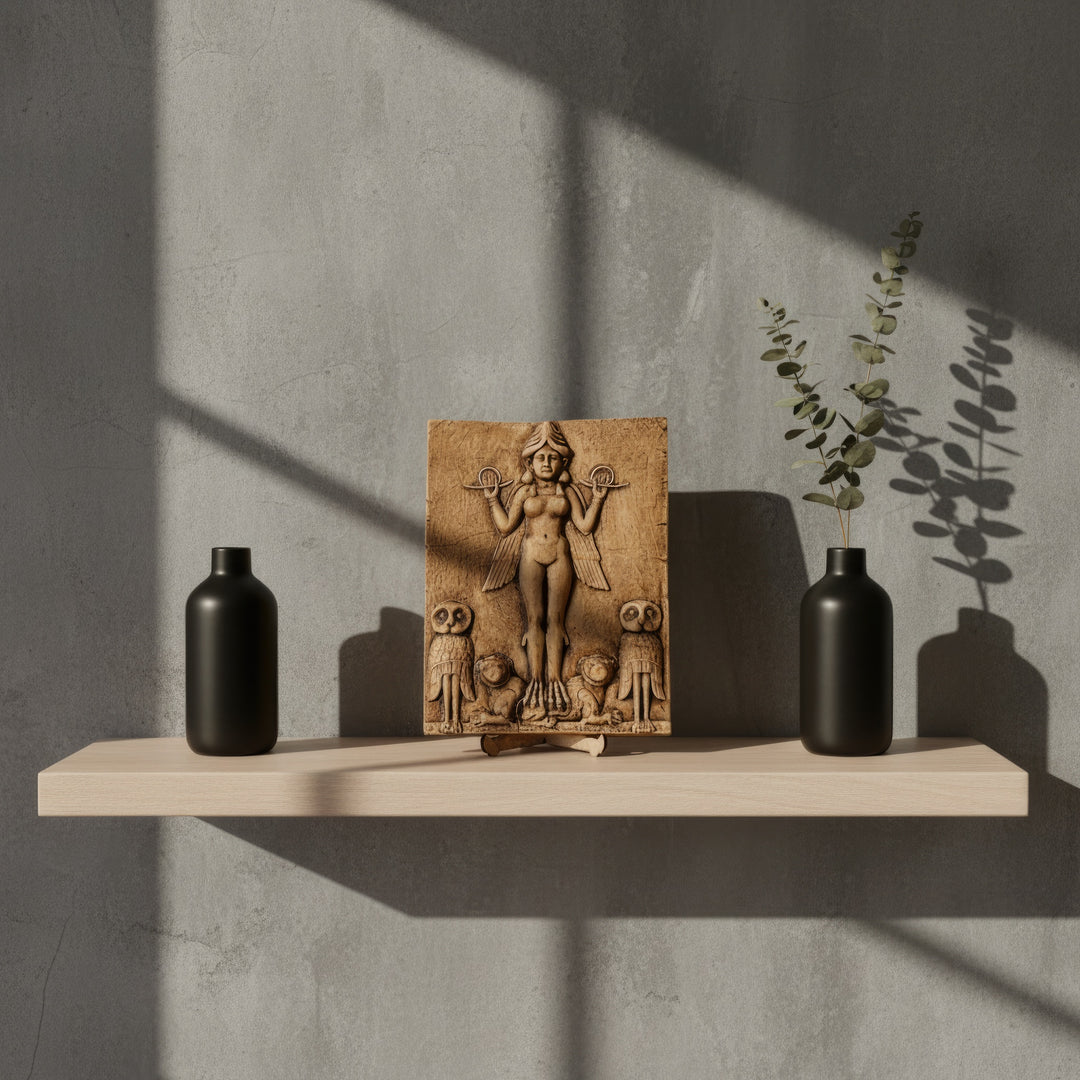 “Inanna-Ishtar Relief placed on a boho-style shelf beside candles and plants — merging sacred mythology with modern interior decor.”
TR:
“Mumlar ve bitkilerle çevrili boho tarzı bir rafta sergilenen İnanna–İştar rölyefi; kutsal mitolojiyi modern iç dekorla harmanlıyor.”