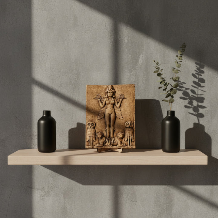 “Inanna-Ishtar Relief placed on a boho-style shelf beside candles and plants — merging sacred mythology with modern interior decor.”
TR:
“Mumlar ve bitkilerle çevrili boho tarzı bir rafta sergilenen İnanna–İştar rölyefi; kutsal mitolojiyi modern iç dekorla harmanlıyor.”
