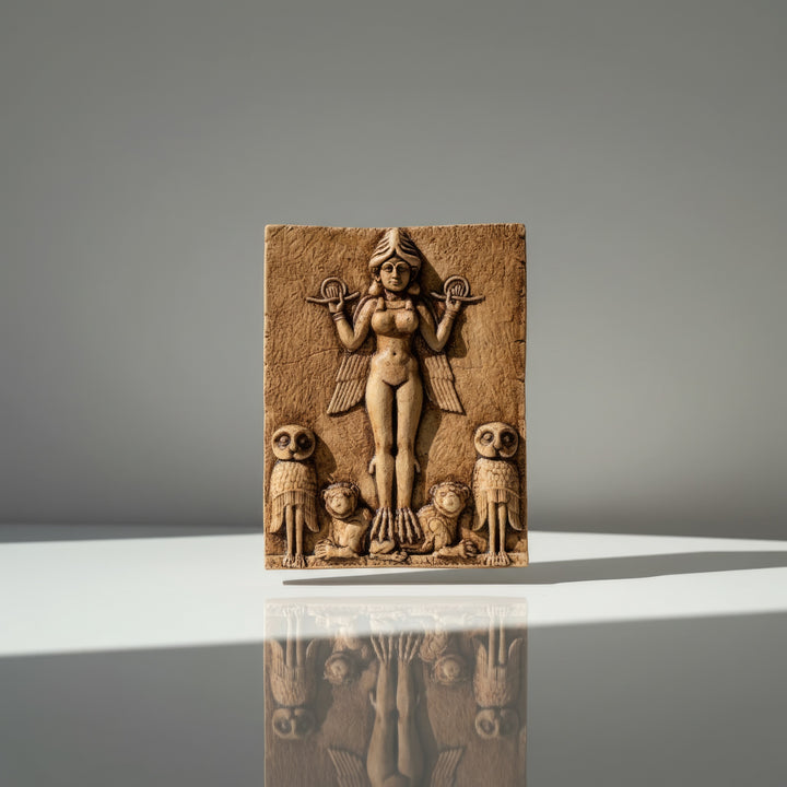 “Inanna-Ishtar Goddess Relief resting on a white marble surface — highlighting its refined hand-painted tones and timeless sacred design.”
TR:
“Beyaz mermer zemin üzerinde duran İnanna–İştar Tanrıça rölyefi; zarif el boyaması tonlarını ve zamansız kutsal tasarımını öne çıkarıyor.”