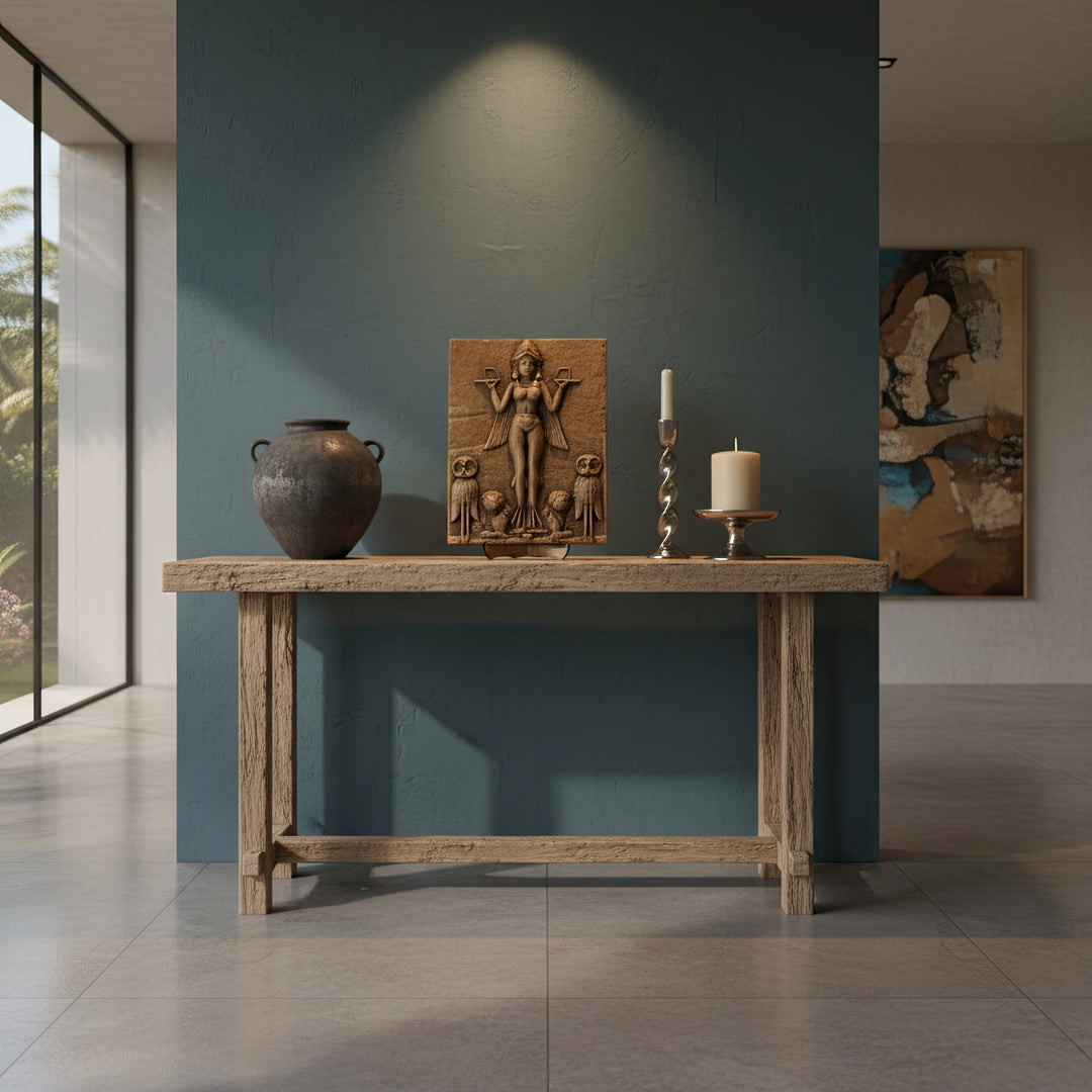 EN:
“The Inanna-Ishtar Relief displayed on an elegant console table against a neutral wall — combining ancient beauty and modern minimalism.”
TR:
“Nötr renkli bir duvar önünde zarif bir sehpa üzerinde sergilenen İnanna–İştar rölyefi; antik güzelliği modern minimalizmle birleştiriyor.”
