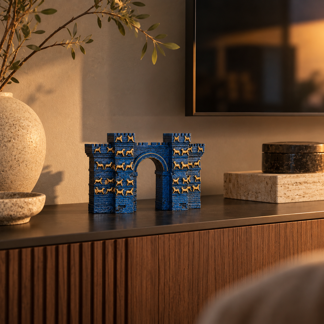 İştar Kapısı Replikası’nın şık bir TV ünitesi veya konsol üzerinde modern iç mekânda sergilendiği lifestyle görseli. Mavi ve altın tonlu mimari formu sayesinde eser, çağdaş dekorasyona Antik Babil ve Mezopotamya estetiğini taşır. El yapımı koleksiyonluk heykel, reçine ve mermer tozlu özel karışımdan üretilmiş ve elde boyanmıştır — by ArkeoArt.